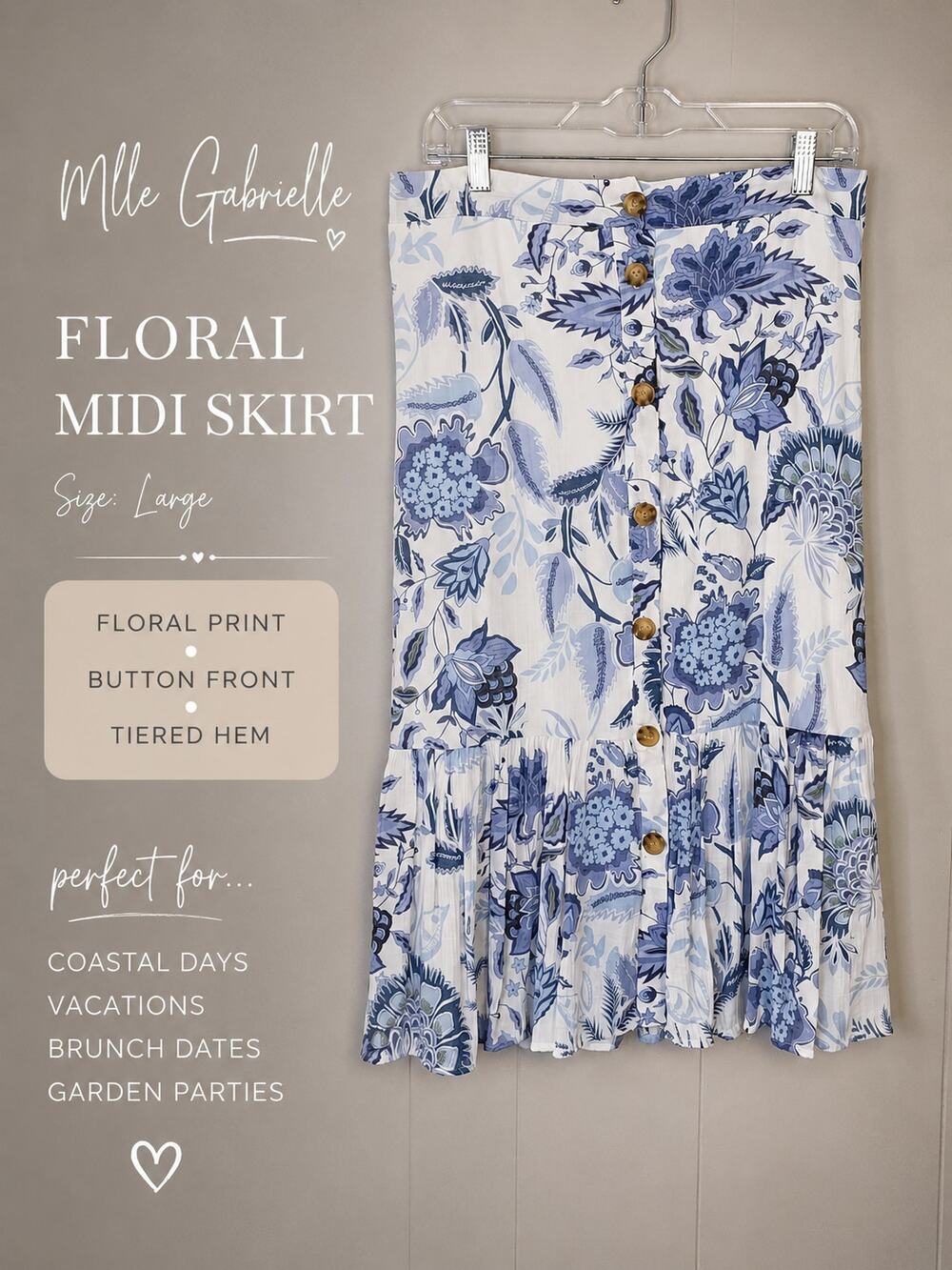 MLLE Gabrielle Blue White Floral Skirt Button Front Large Coastal Cottagecore
